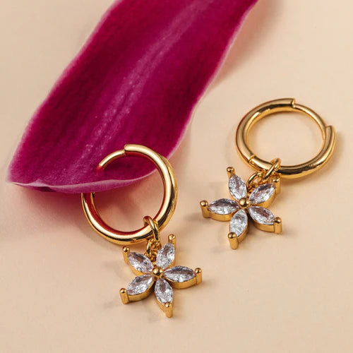 Crystal Flower Charm Huggie Hoops Cry - Crystal