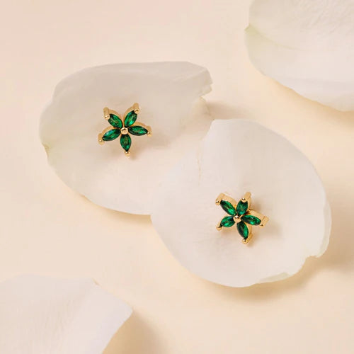 Crystal Flower Stud Earrings Emd - Emerald