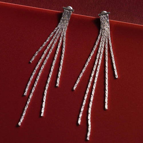Waterfall Chain Long Drop Earrings - Silver