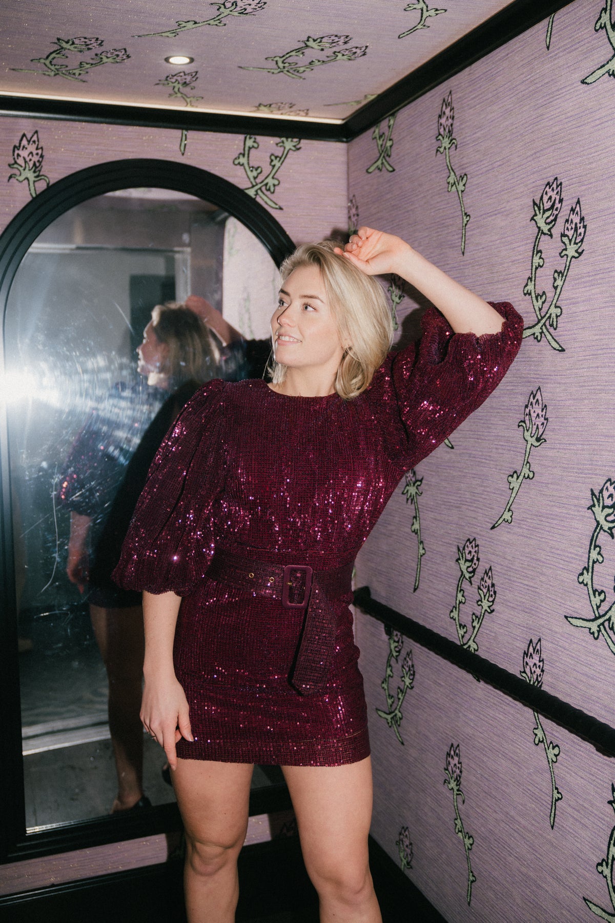 Sequins Puff Sleeve Mini Dress - Plum
