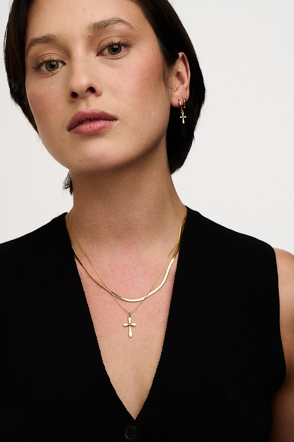 Clean Metal Cross Drop Huggie Hoops - Pale Gold