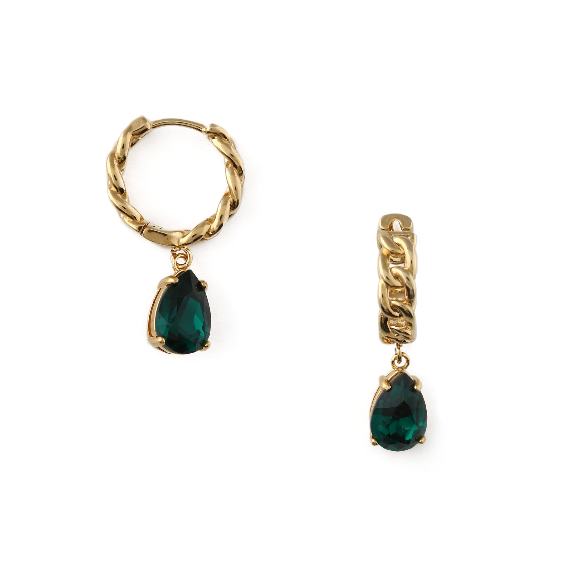SW Teardrop Chain Huggie Hoops - Emerald