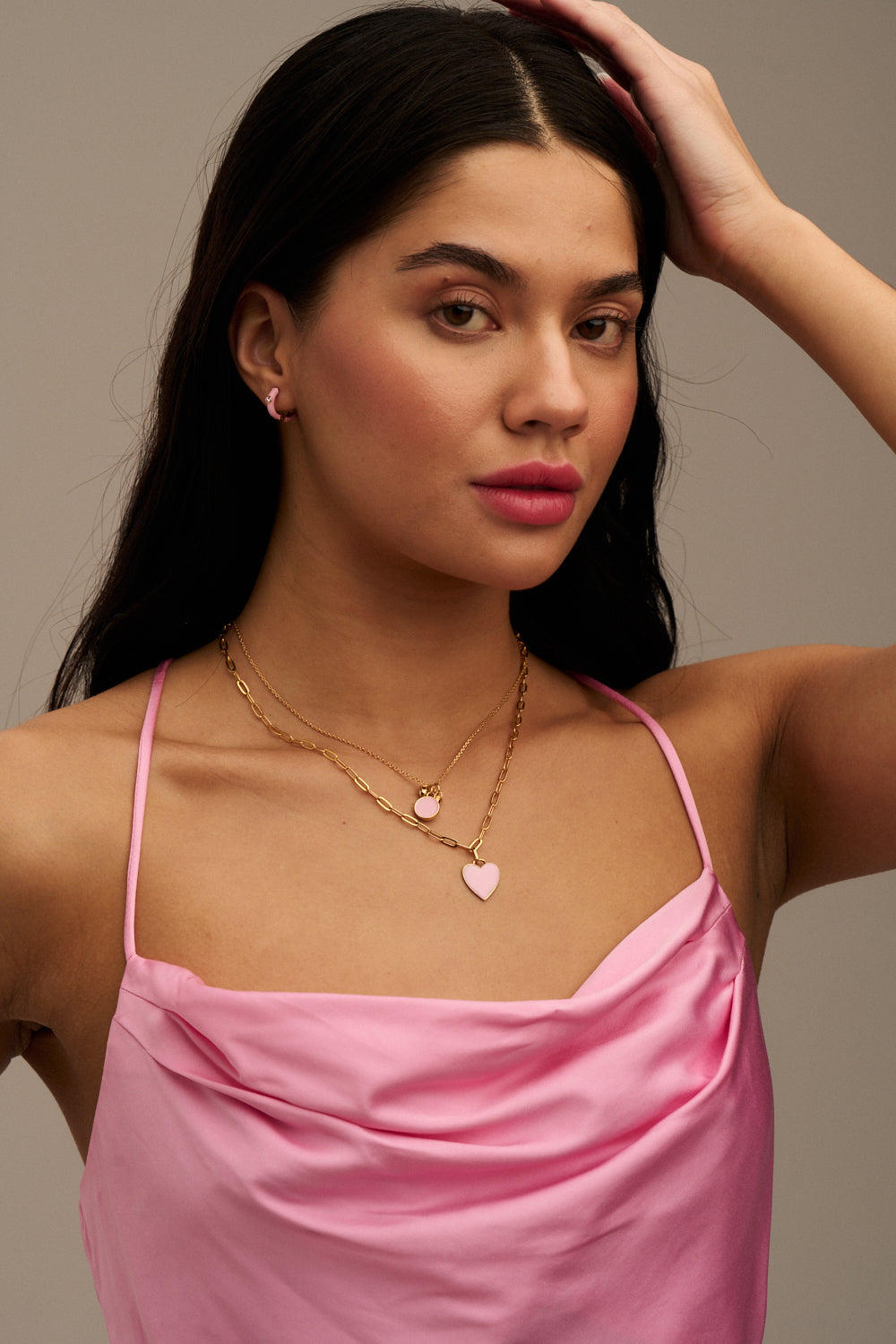 Pink Enamel Huggie Hoop Earrings With Swarovski Crystals - Pale Gold
