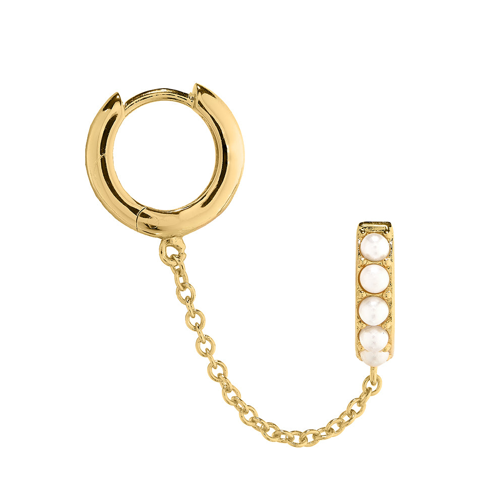 Pearl & Metal Chain Link Huggie Hoops - Pearl