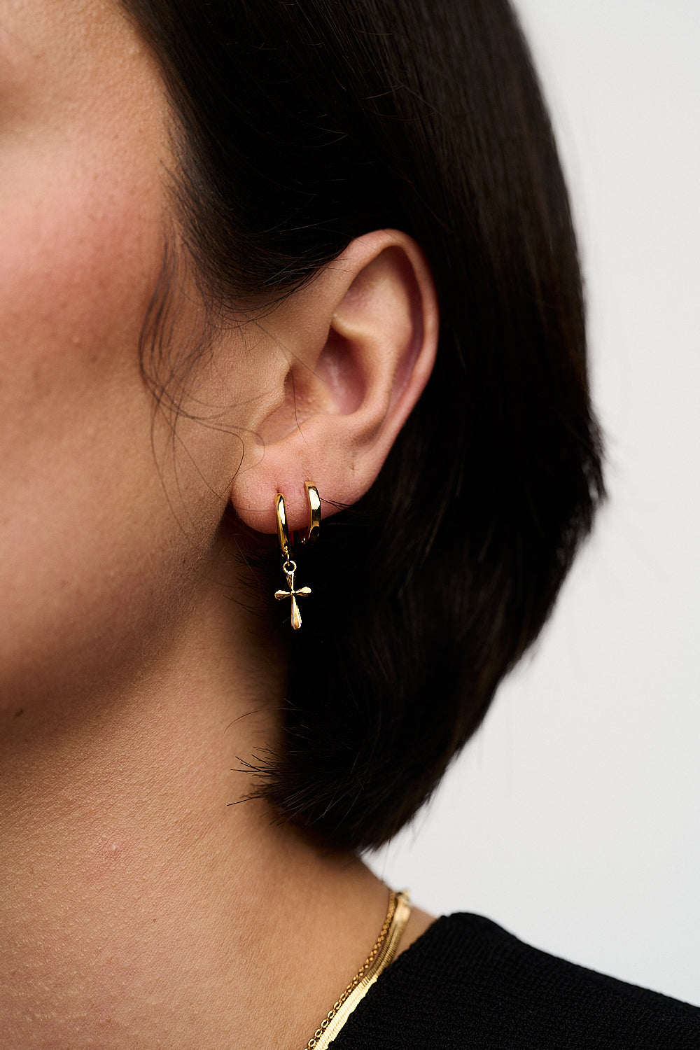 Clean Metal Cross Drop Huggie Hoops - Pale Gold
