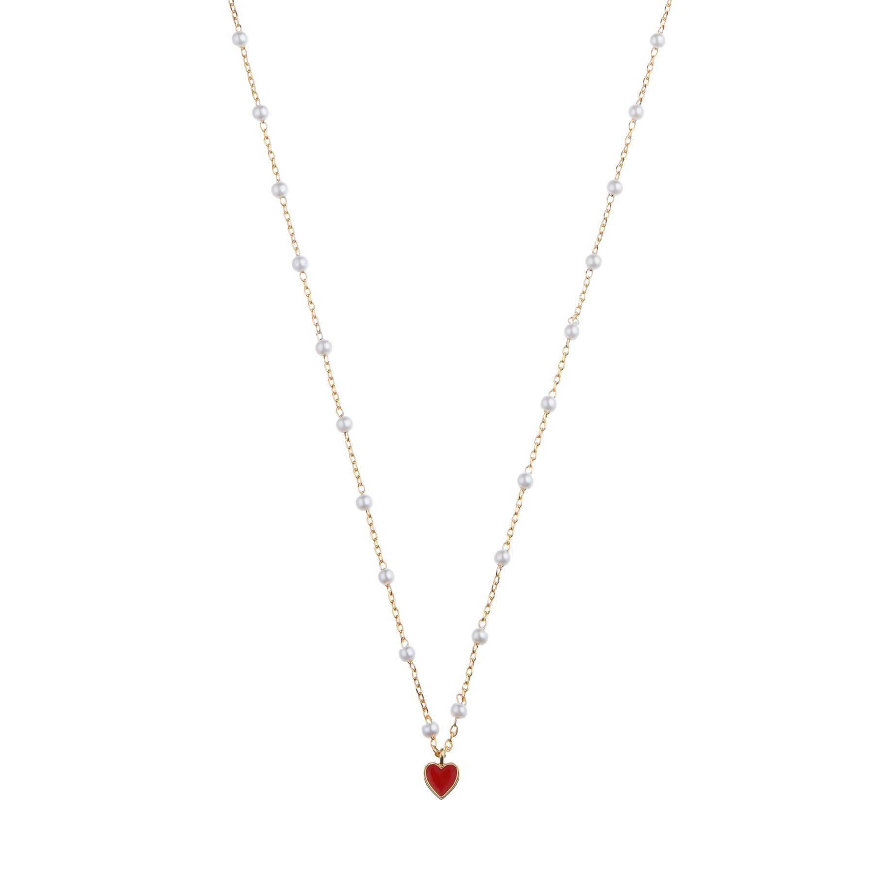 Mini Enamel Heart Pearl Chain Necklace - Red