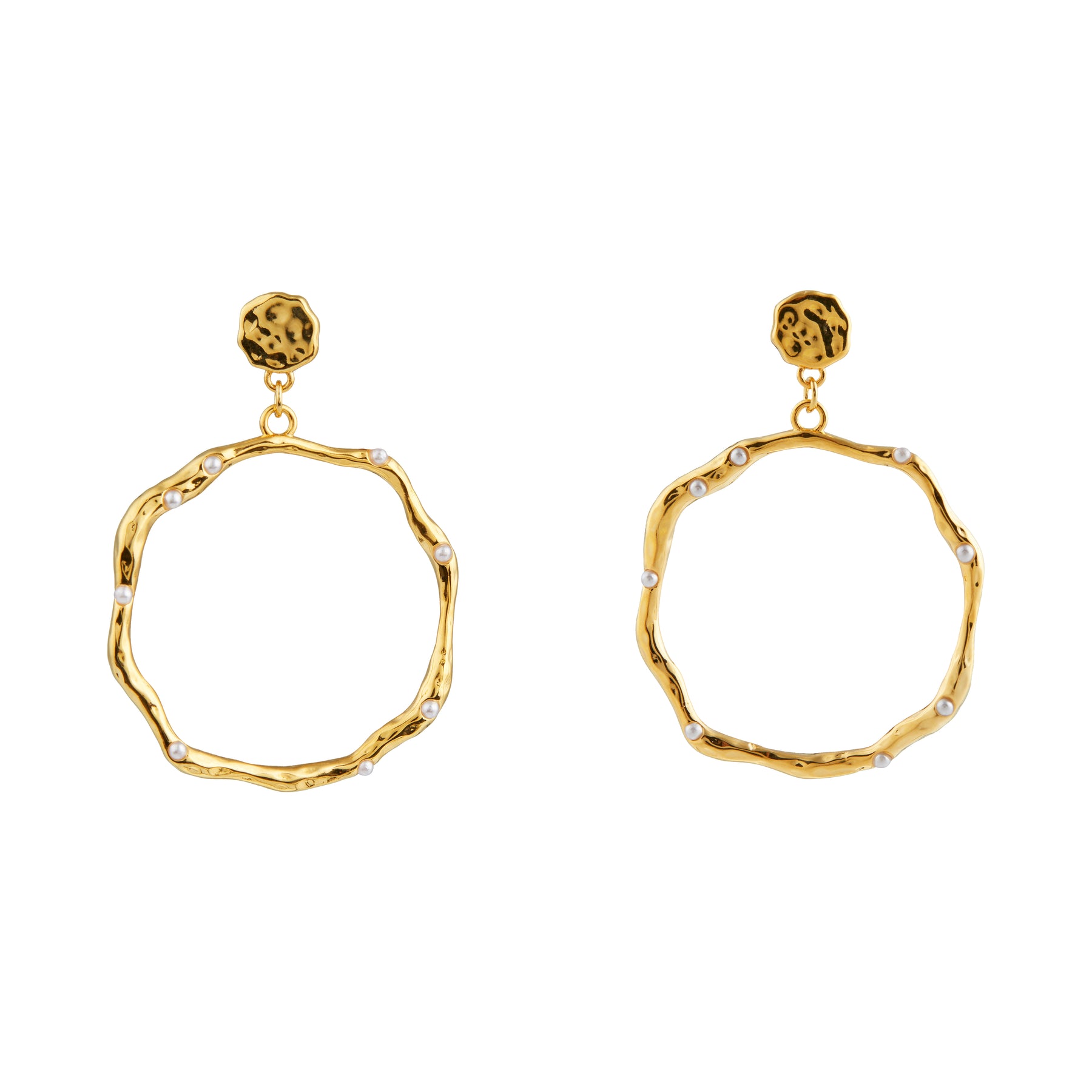 Molten & Pearl Embellished Open Circle Drop Earrings - Pearl