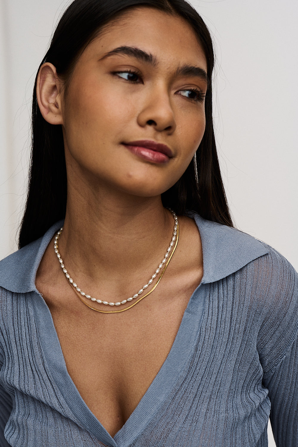 Pearl & Snake Chain 2-Row Necklace - Pearl