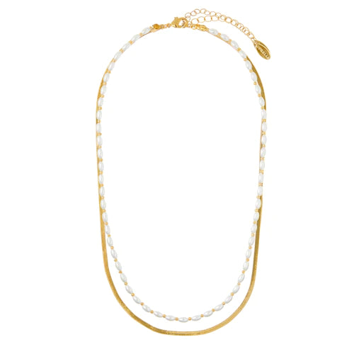 Pearl & Snake Chain 2-Row Necklace - Pearl
