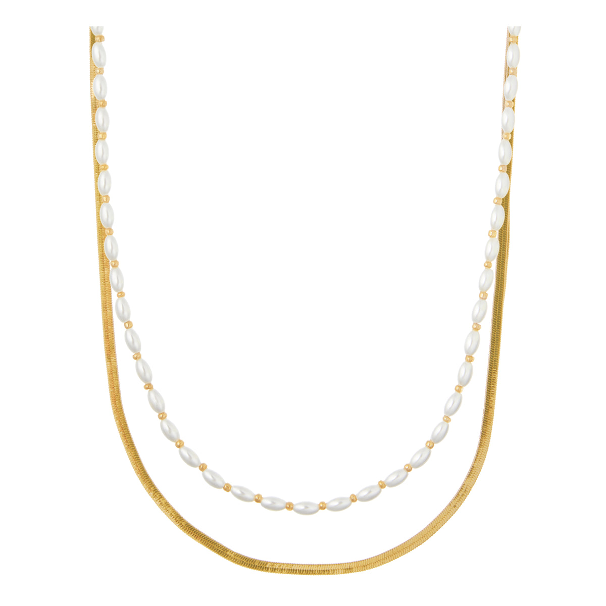 Pearl & Snake Chain 2-Row Necklace - Pearl