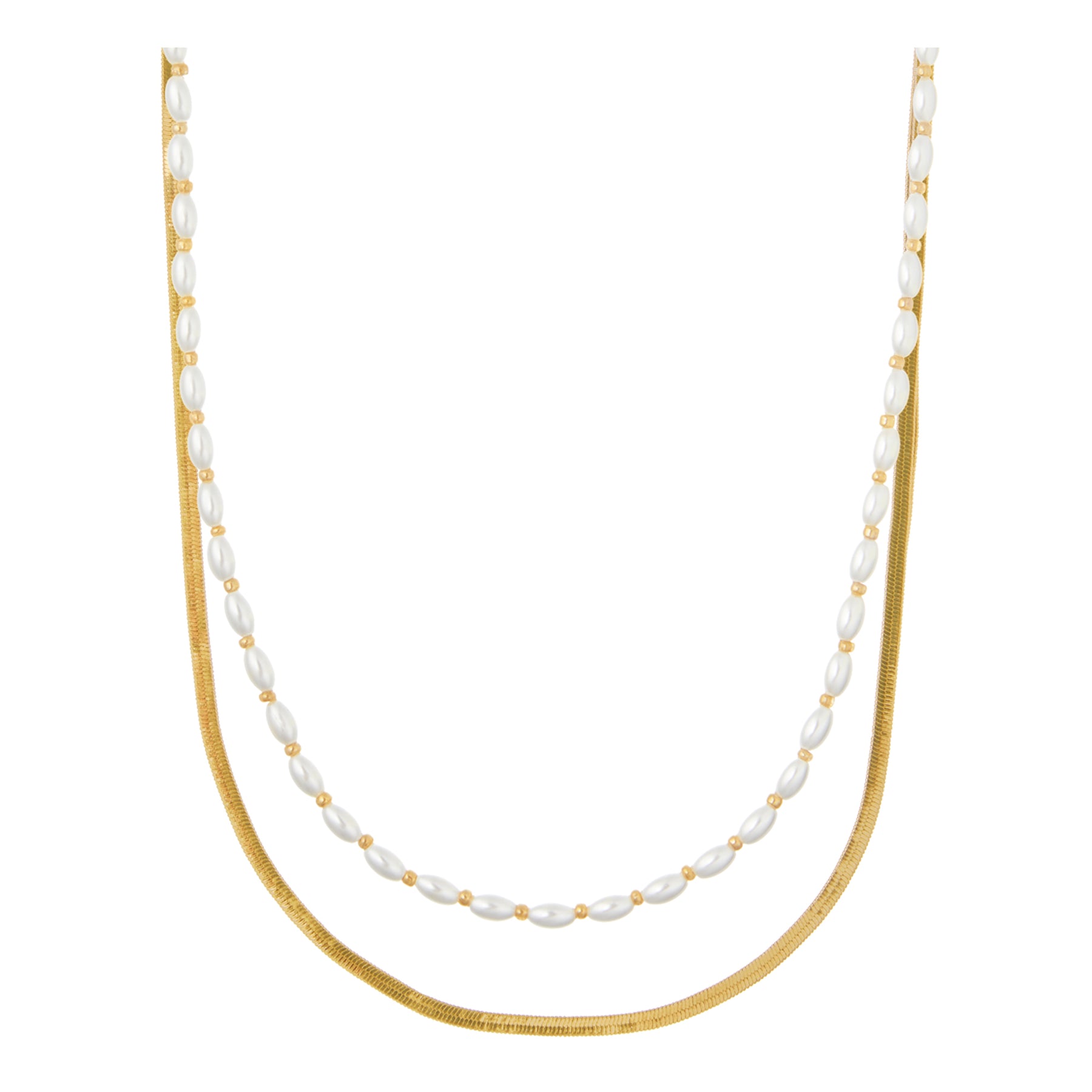 Pearl & Snake Chain 2-Row Necklace - Pearl