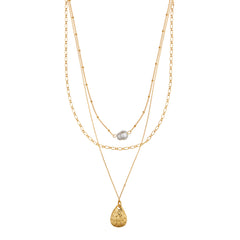 Pearl & Molten Teardrop 3 Row Necklace - Pearl
