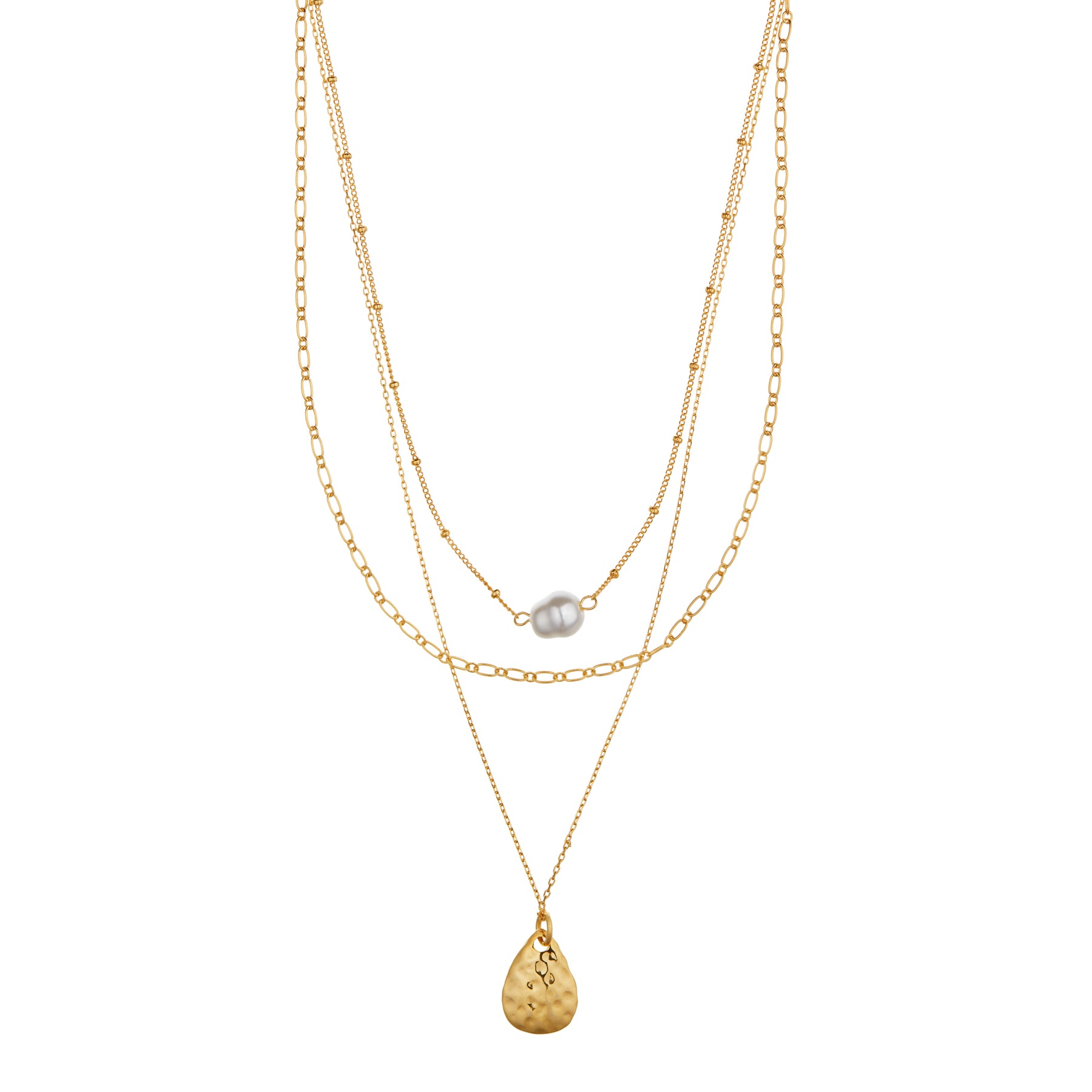 Pearl & Molten Teardrop 3 Row Necklace - Pearl