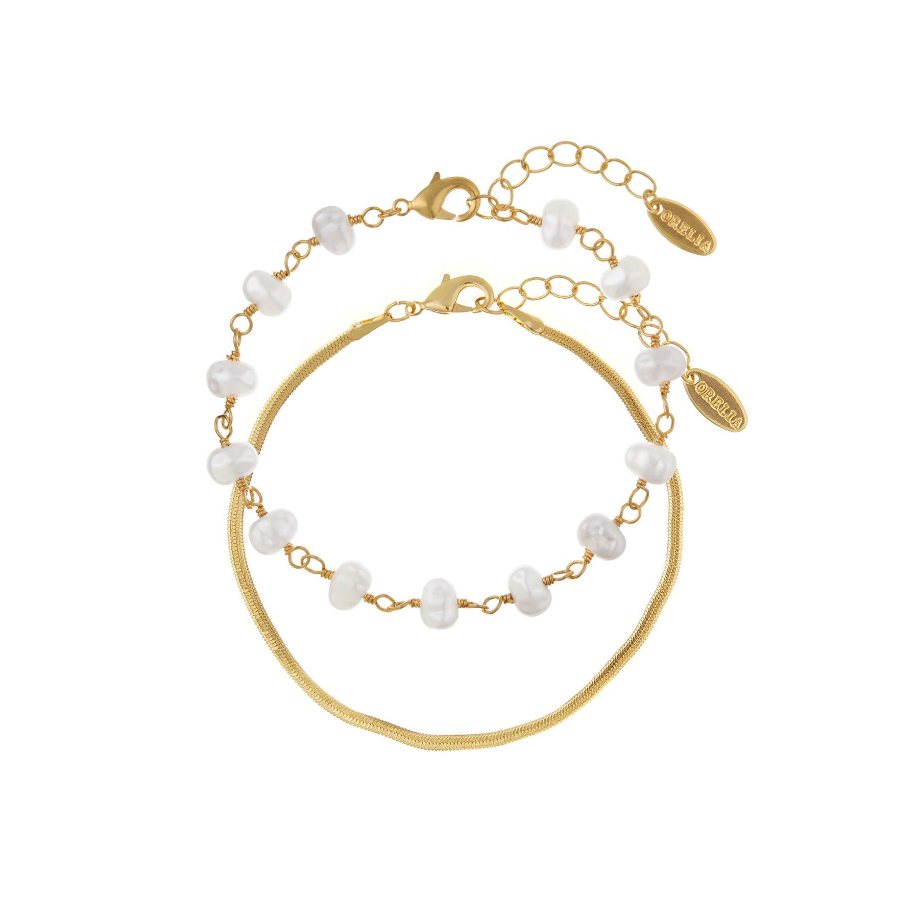 Snake Chain & Pearl 2-Row Bracelet - Pearl