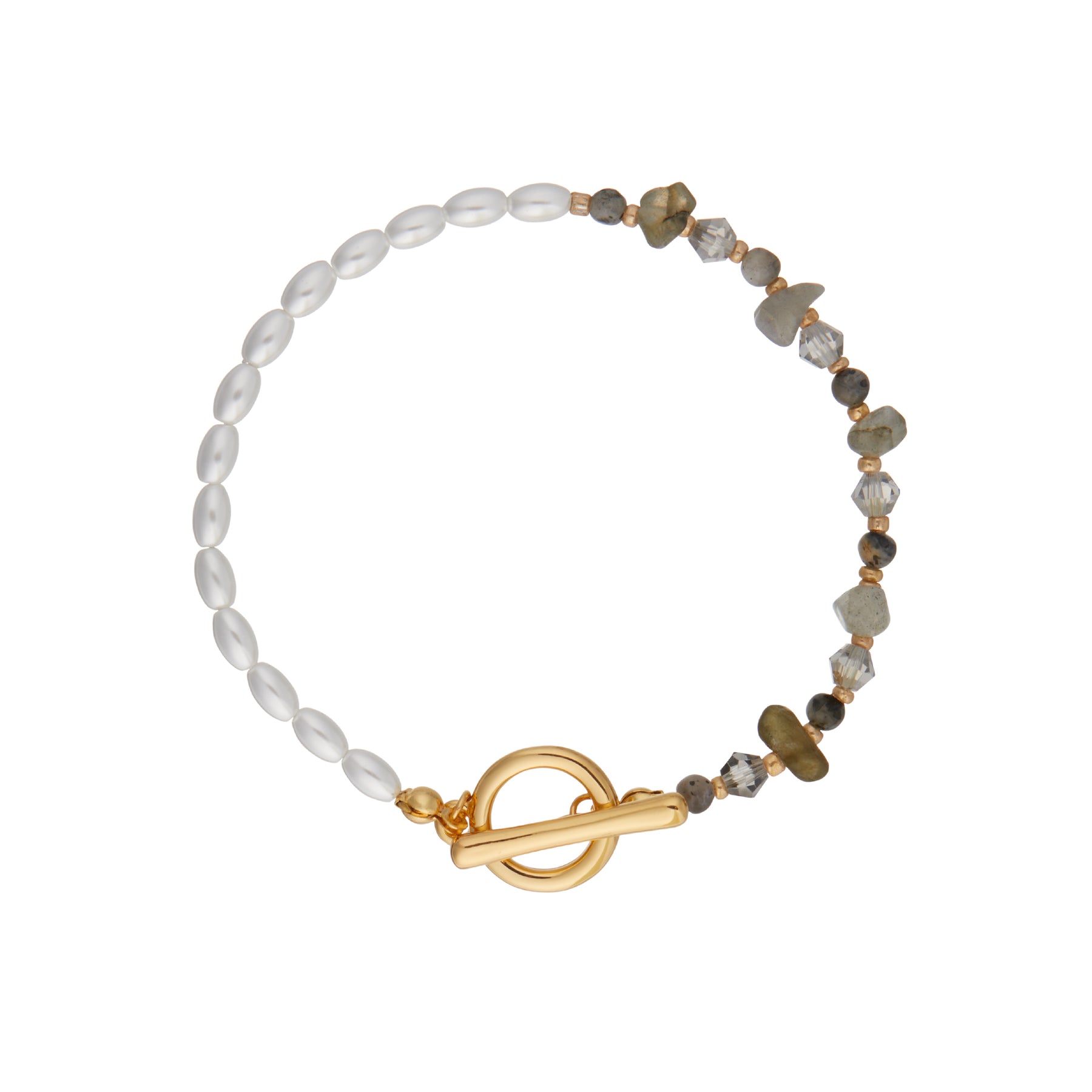 Semi-Precious Labradorite & Pearl Asymmetric T-Bar Bracelet - Pearl