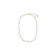 Turquoise Chip & Stationed Pearl Necklace - Turquoise