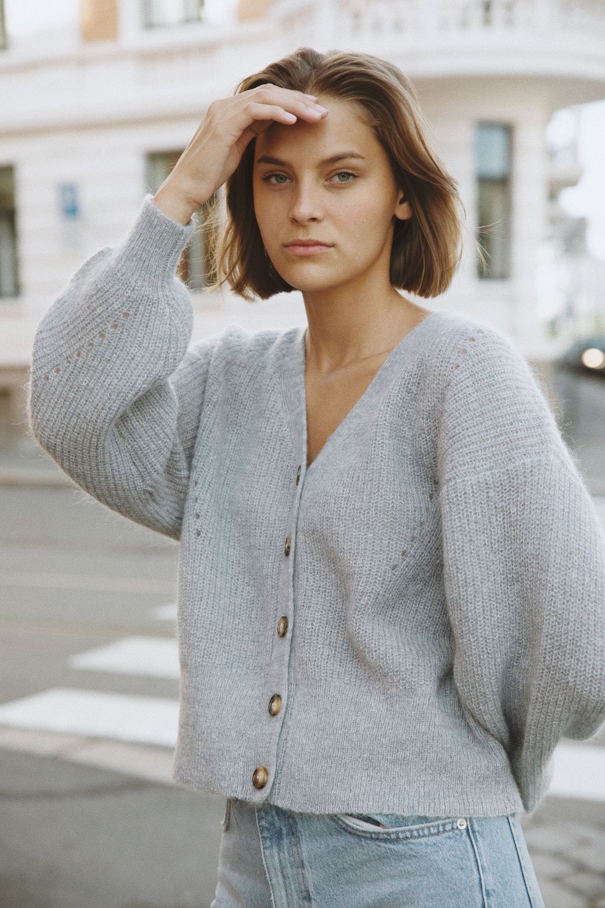 Precise Knit Cardigan - Dusty Blue Melange