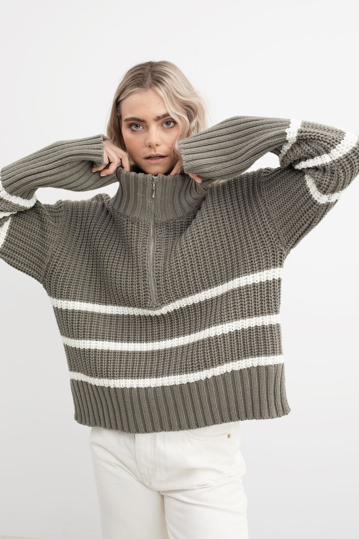 Sissel Stripe Zip Knit - Army