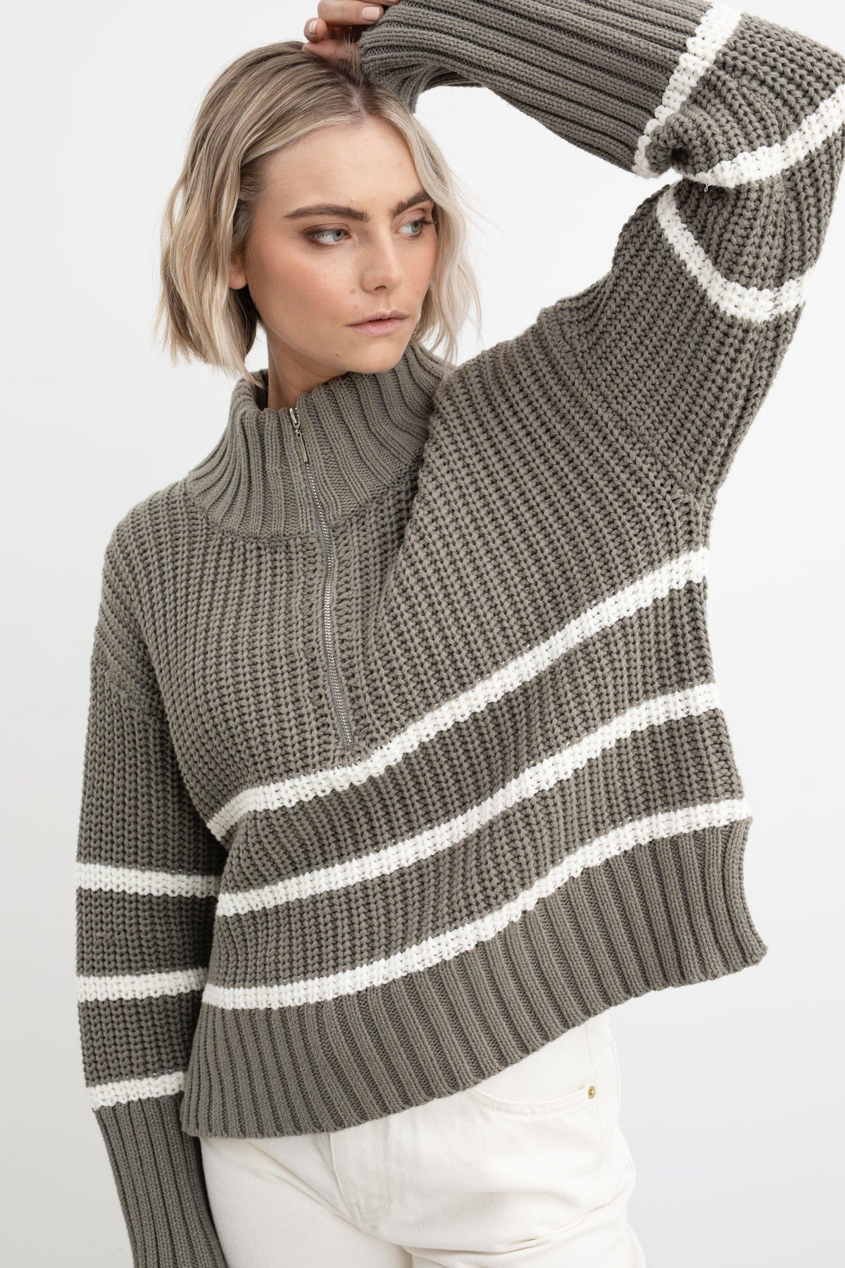 Sissel Stripe Zip Knit - Army