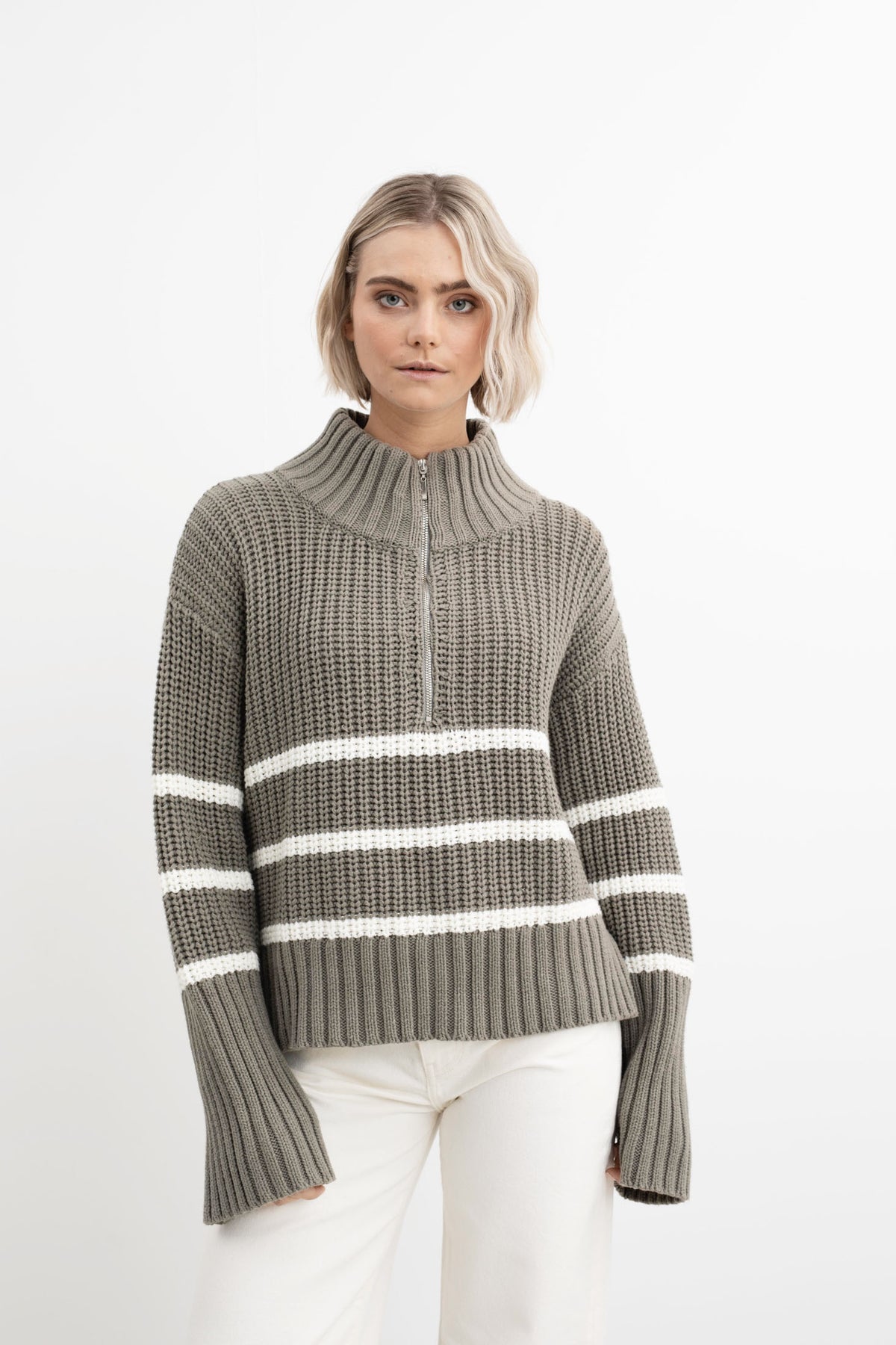 Sissel Stripe Zip Knit - Army