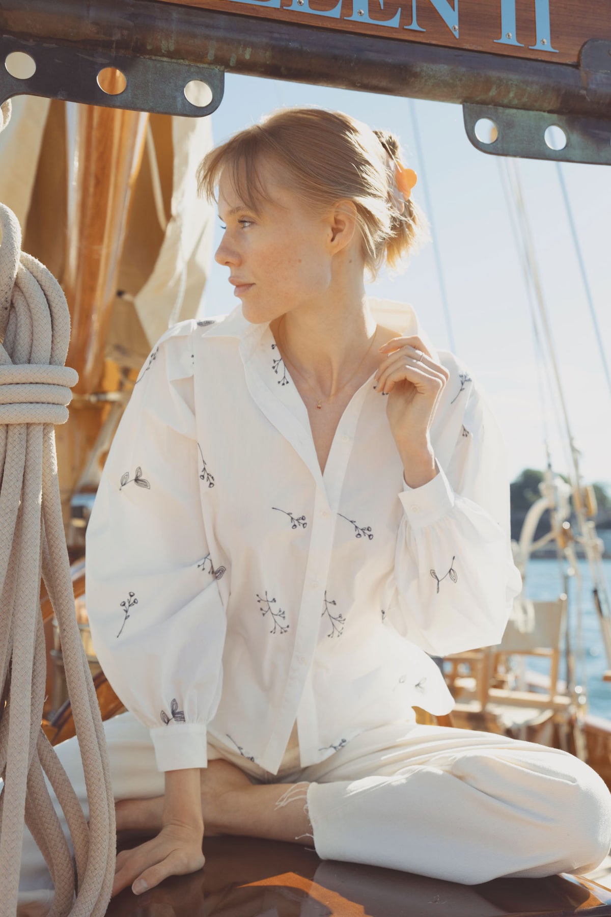 Sofia Shirt - Embroidered Blue Flower