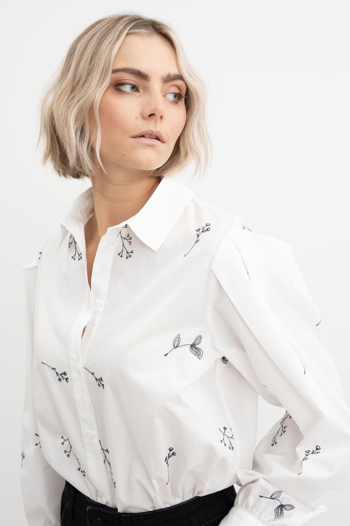 Sofia Shirt - Embroidered Blue Flower