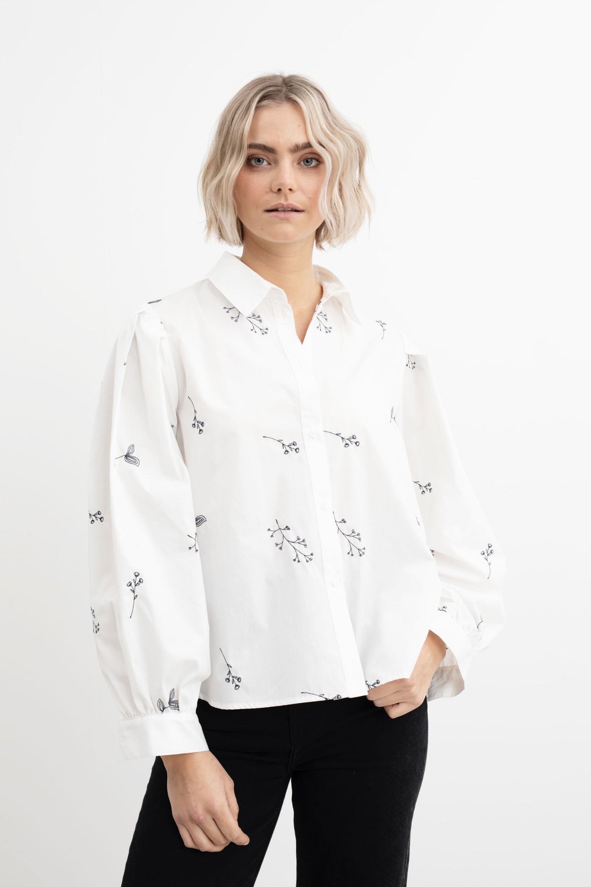 Sofia Shirt - Embroidered Blue Flower