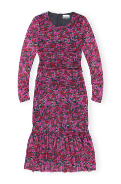 Printed Mesh Long Sleeve Gathered Midi Dress - Fiji Flower