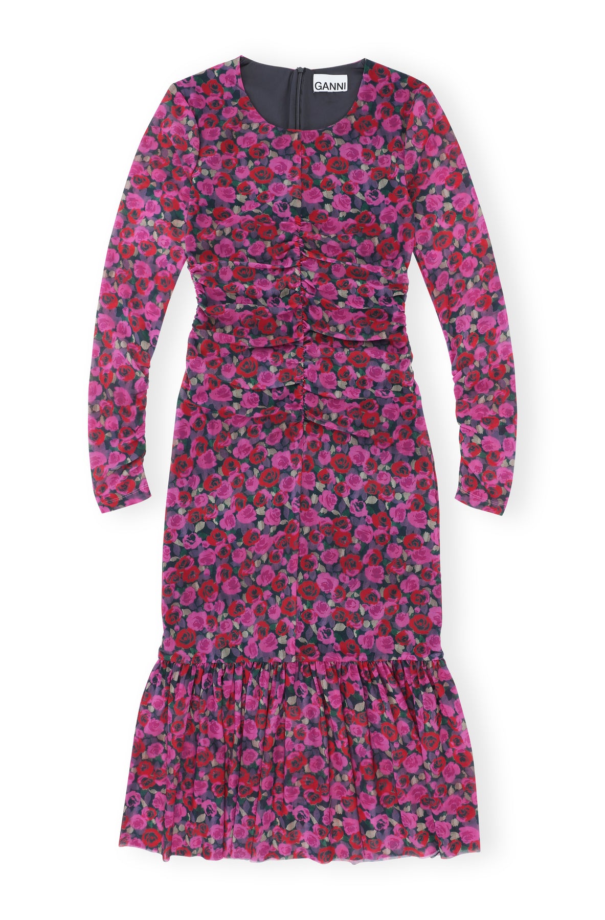 Printed Mesh Long Sleeve Gathered Midi Dress - Fiji Flower