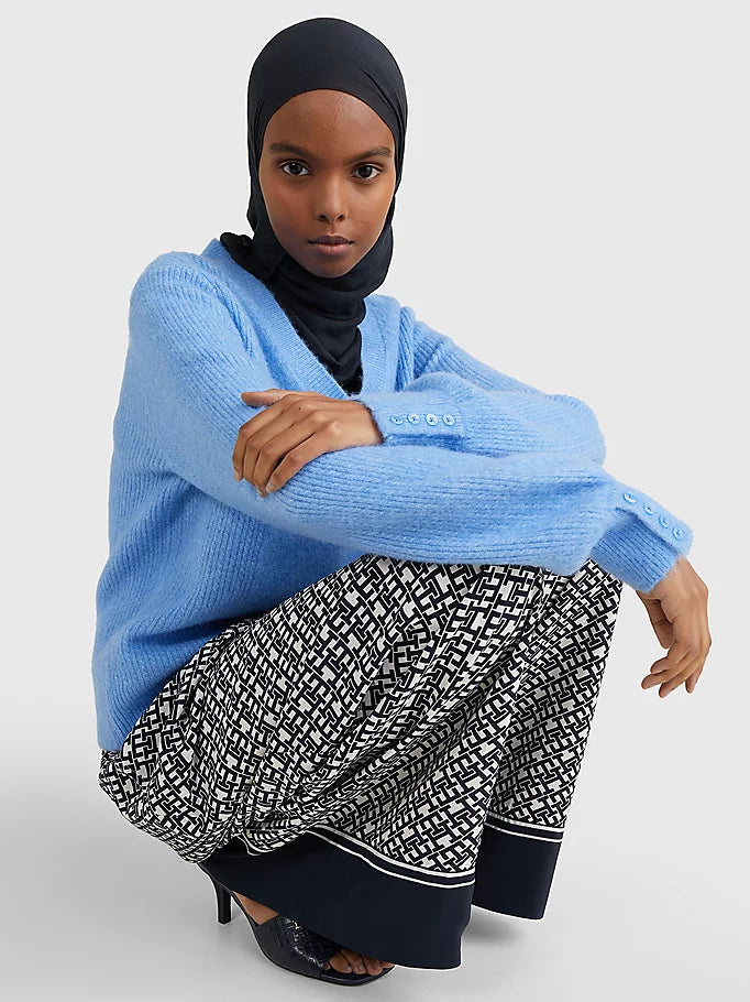 Ribbed V-Neck Jumper - Sky Cloud