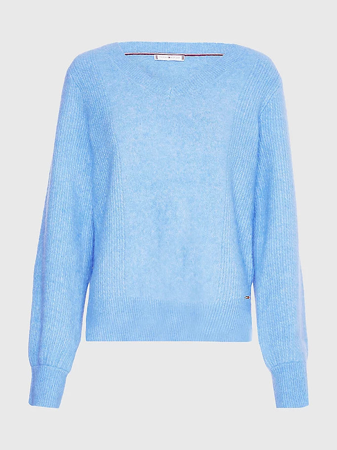 Ribbed V-Neck Jumper - Sky Cloud