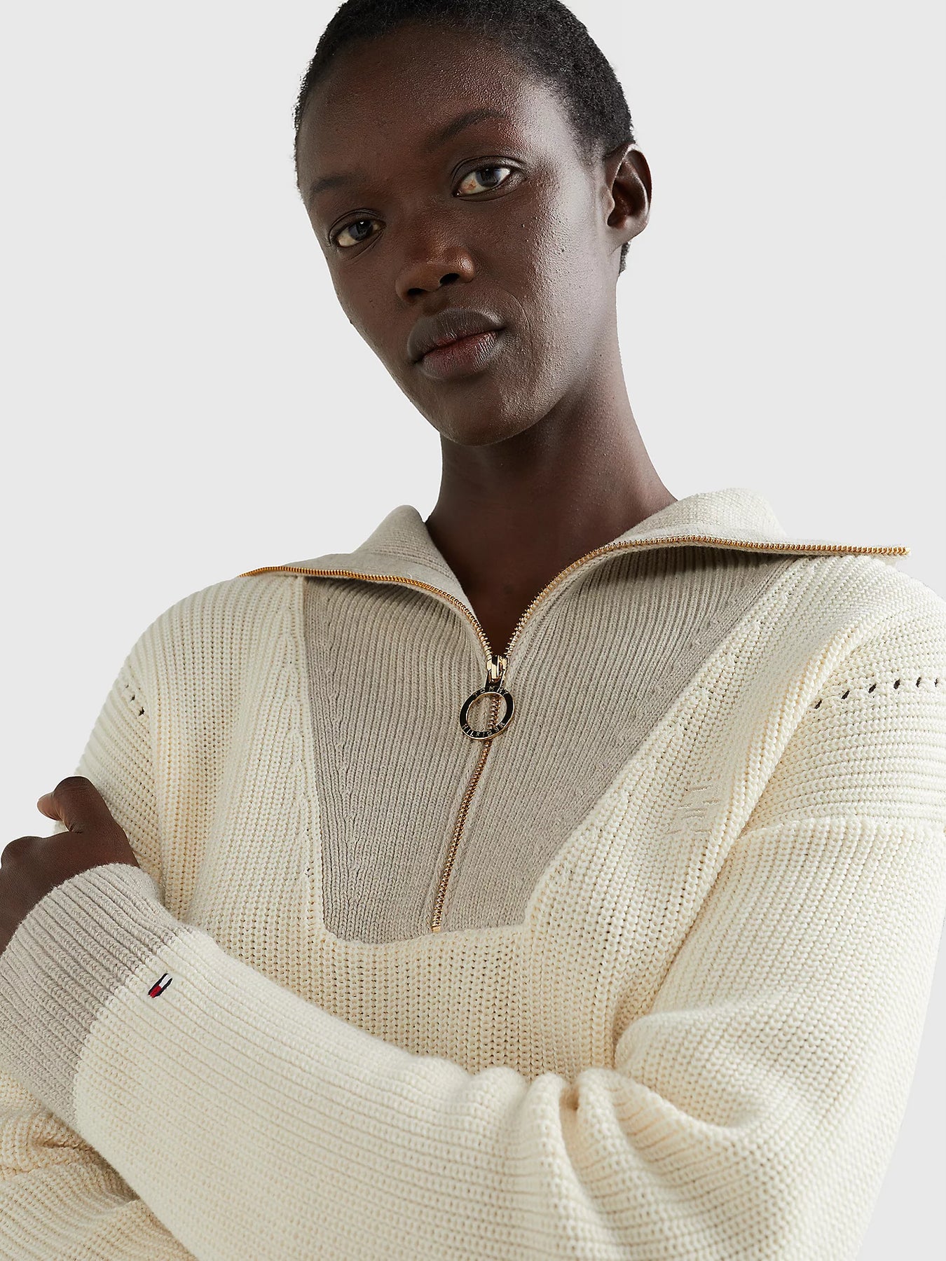 Colour-Blocked Half-Zip Relaxed Fit Jumper - Ecru Grey Oat