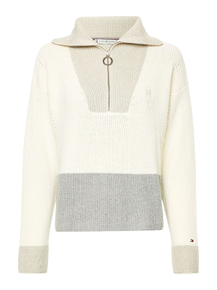 Colour-Blocked Half-Zip Relaxed Fit Jumper - Ecru Grey Oat