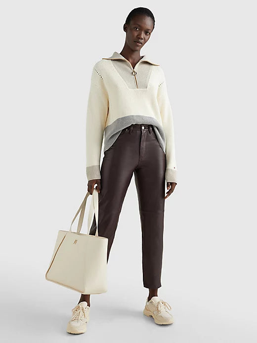 Colour-Blocked Half-Zip Relaxed Fit Jumper - Ecru Grey Oat