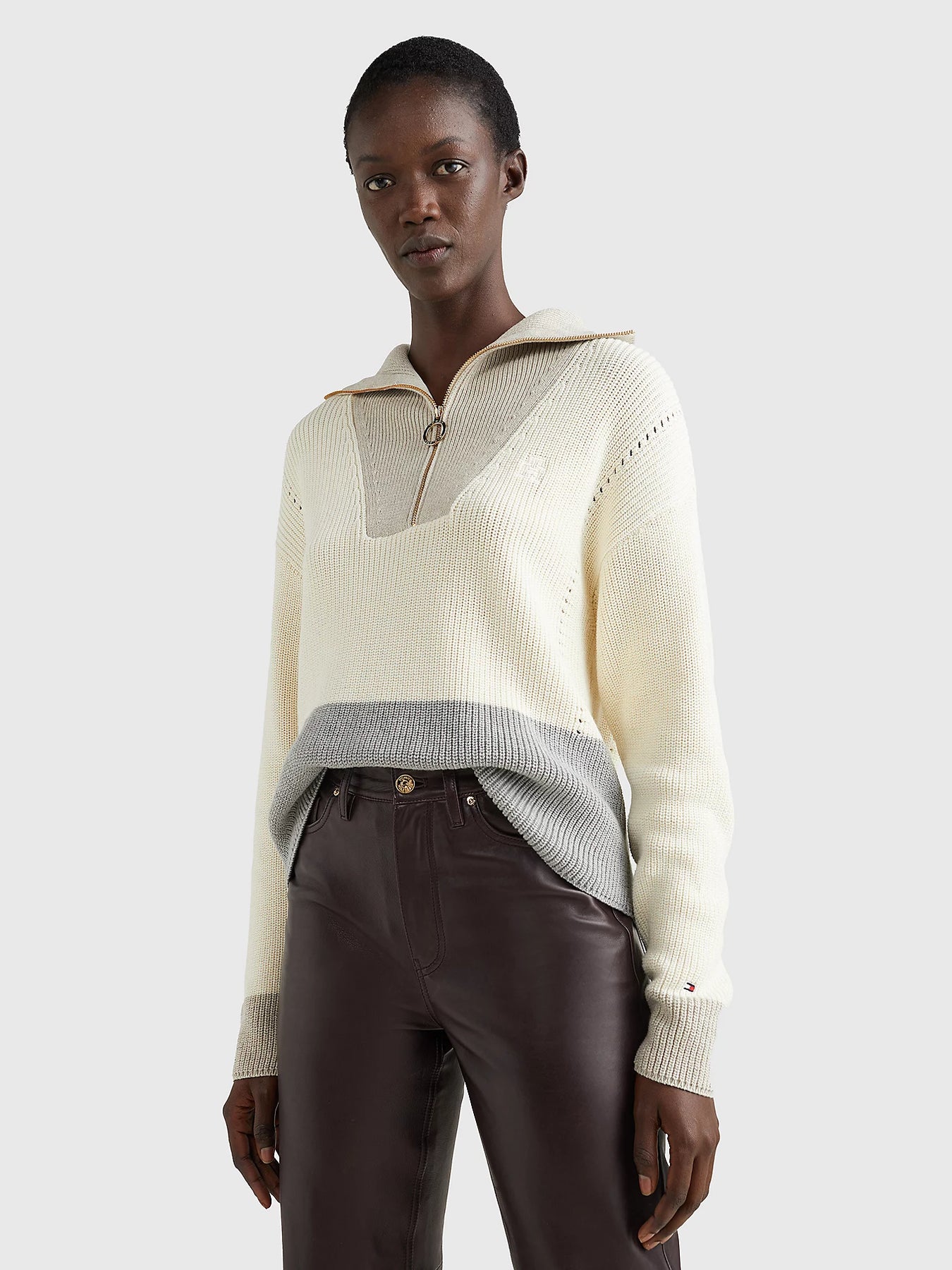 Colour-Blocked Half-Zip Relaxed Fit Jumper - Ecru Grey Oat