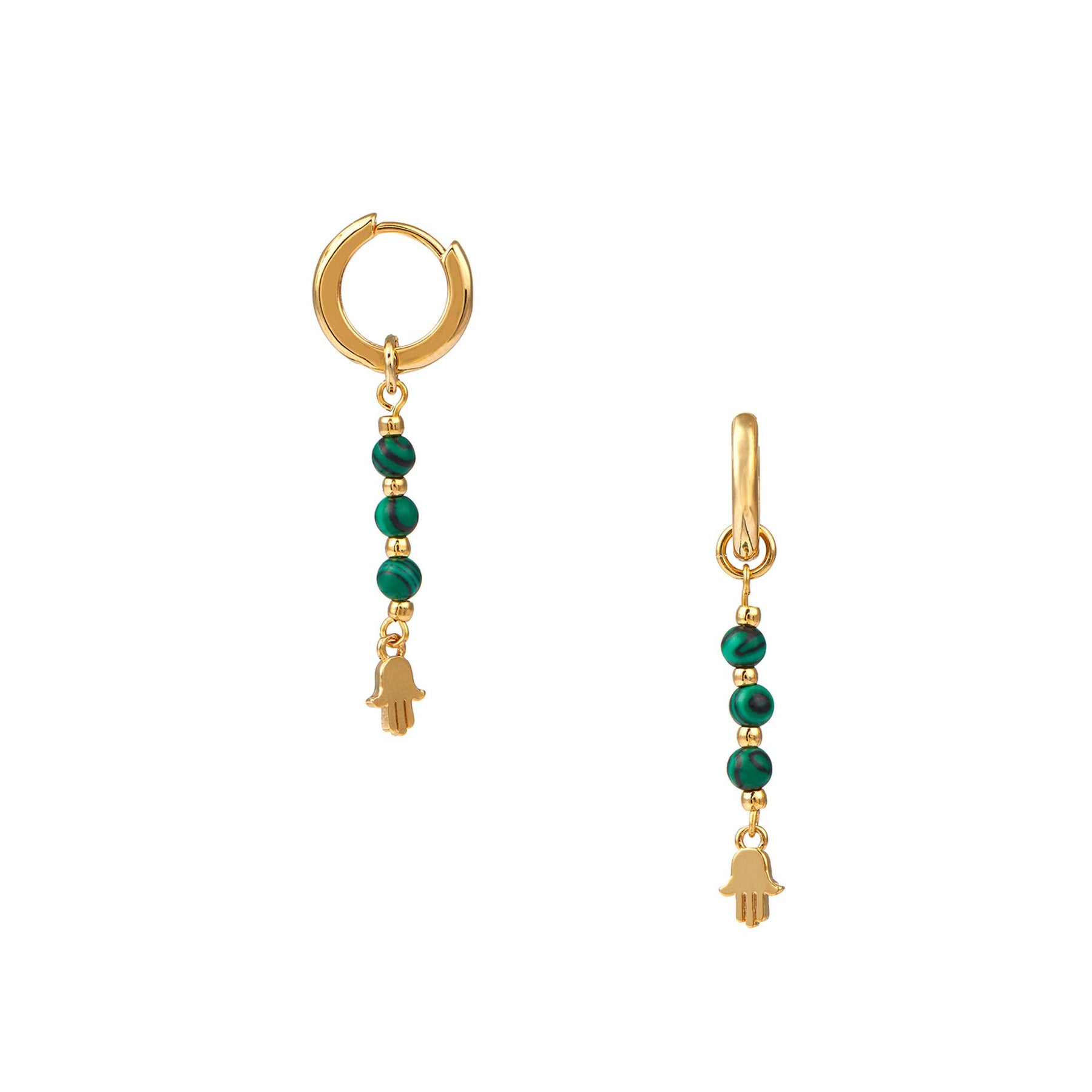 Hamsa Hand & Malachite Beaded Drop Huggie Hoop - Malachite