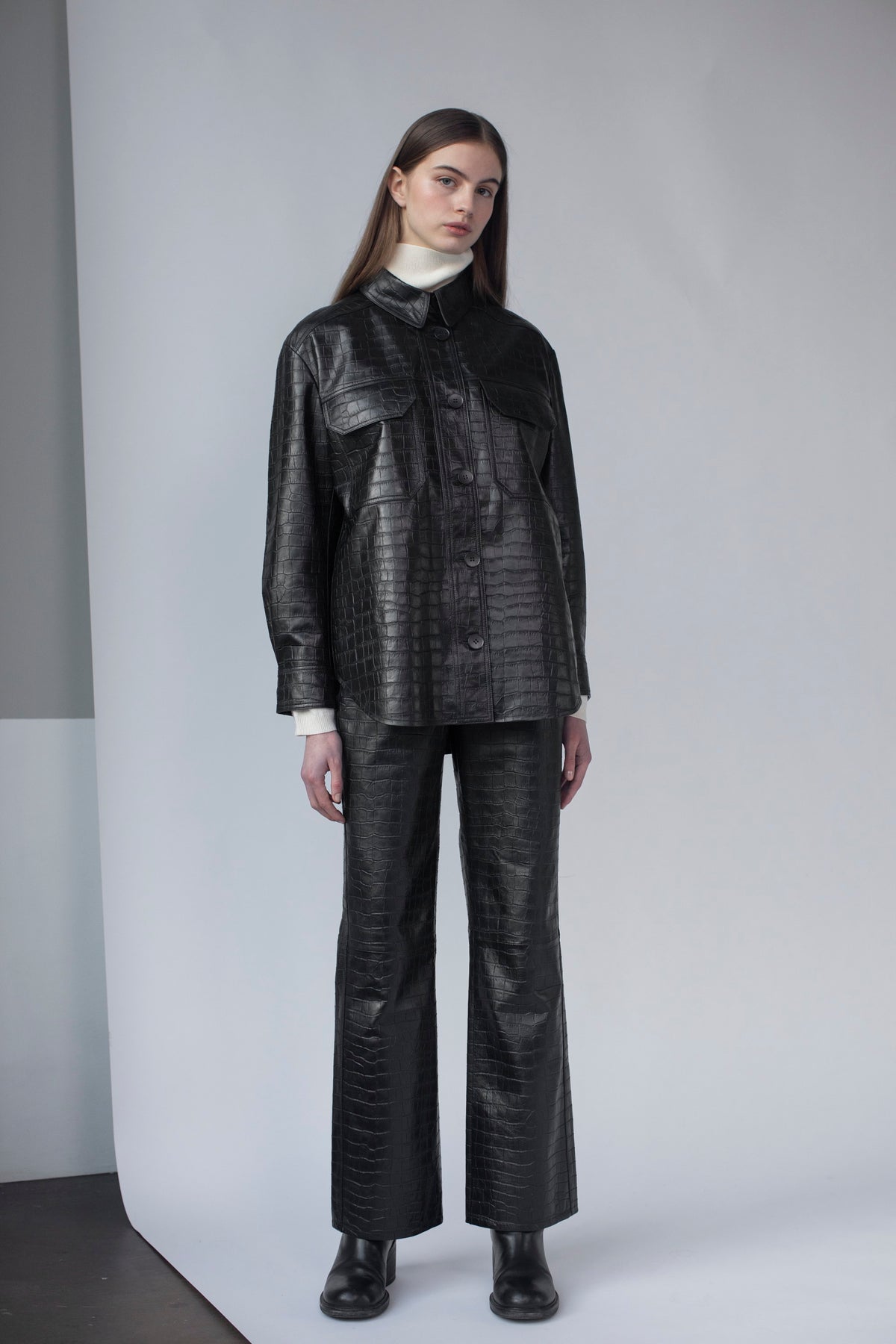 Kansu Croco-Effect Leather Pants - Anthracite Black