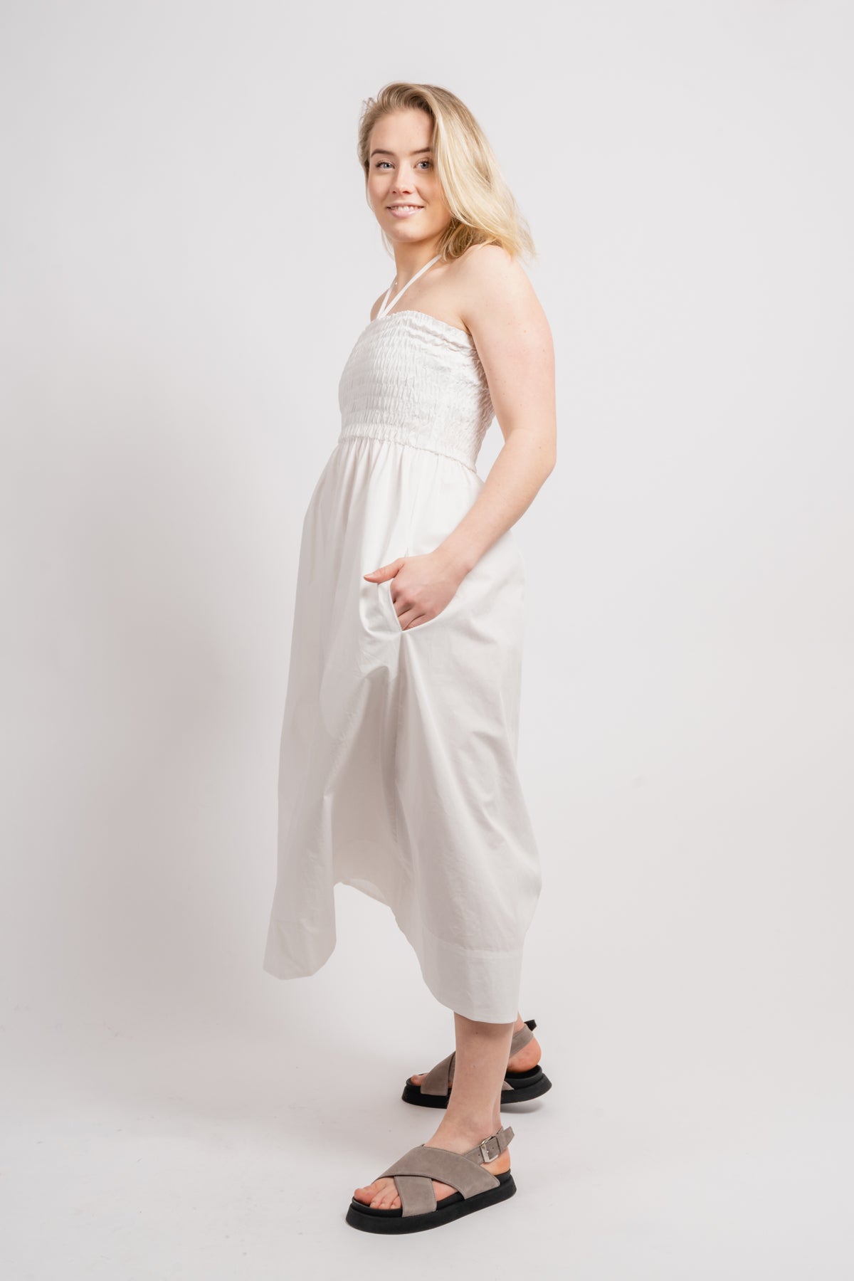 Poplin Smocked Dress - White