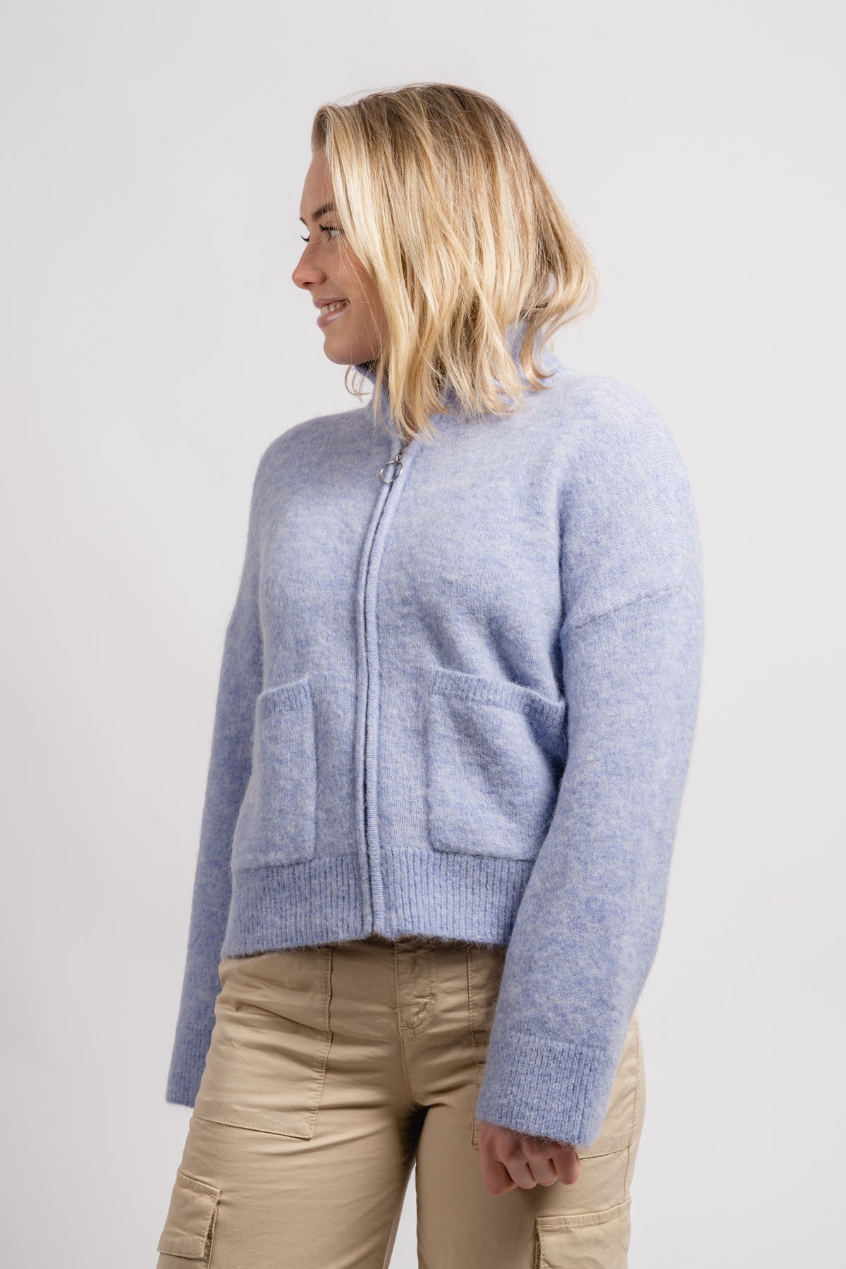 Sia Ls Knit Zipper Cardigan - Blue Heron Melange
