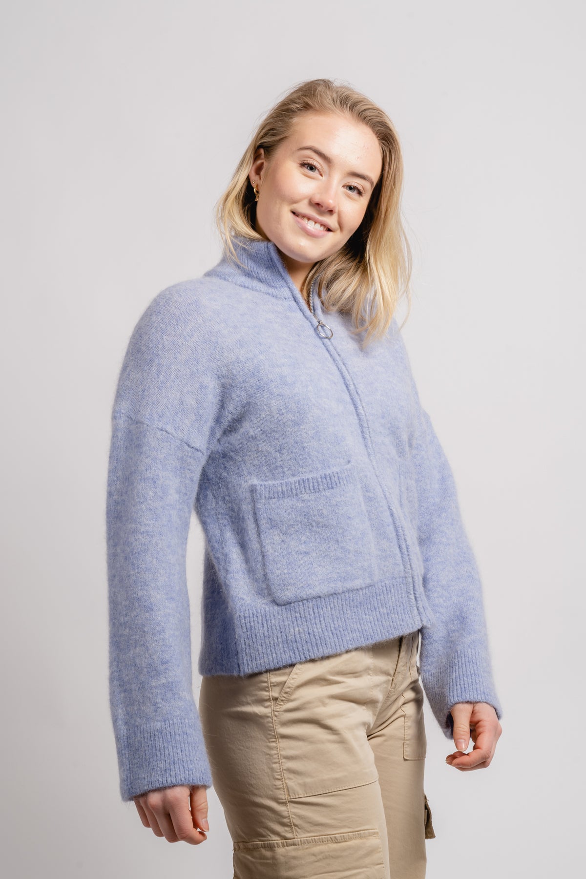 Sia Ls Knit Zipper Cardigan - Blue Heron Melange