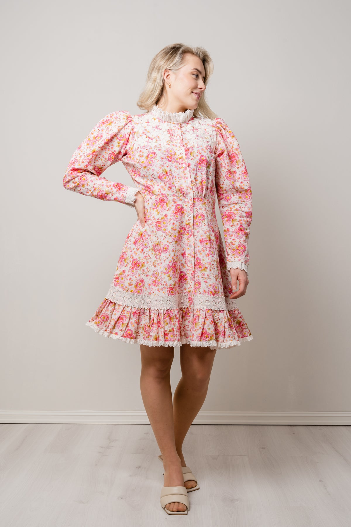 Linen Button Down Dress - Pink Flowers