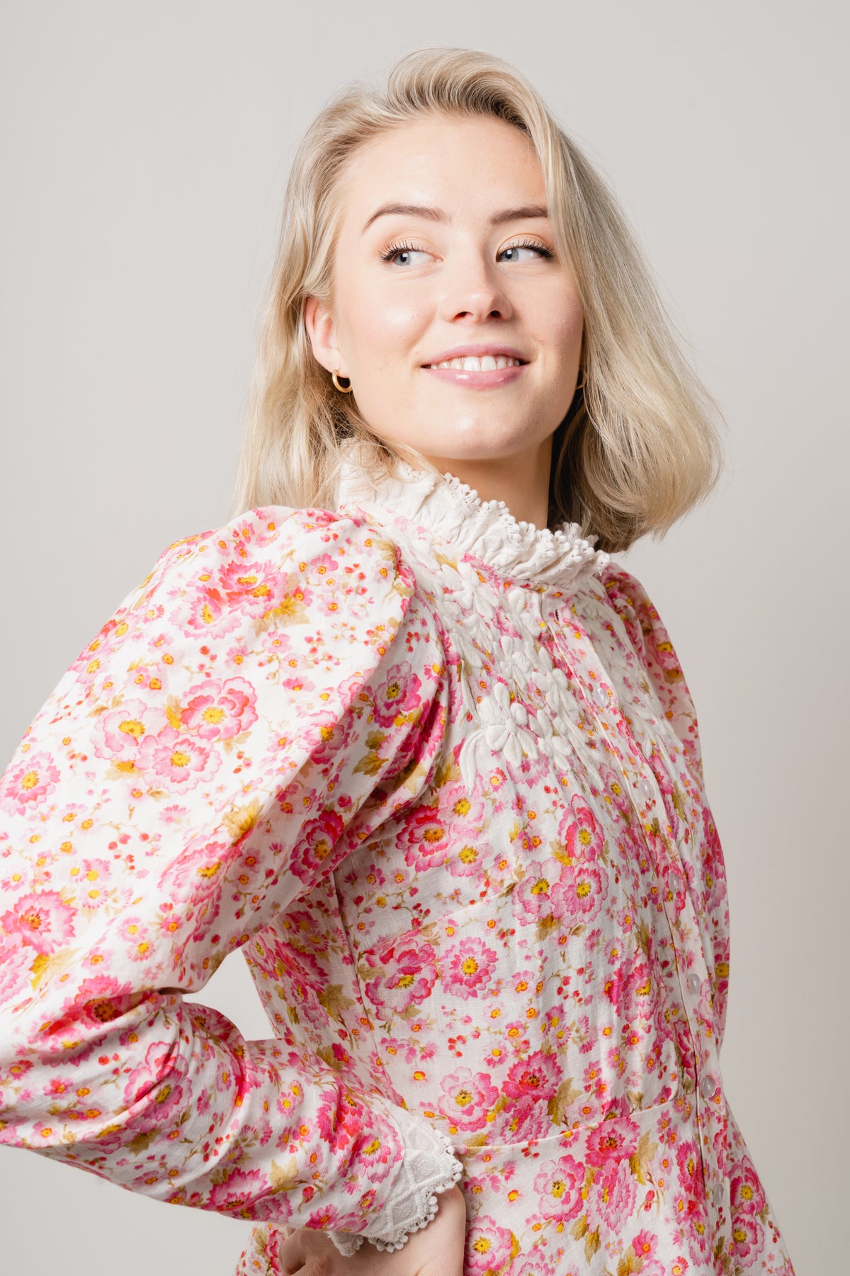 Linen Button Down Dress - Pink Flowers