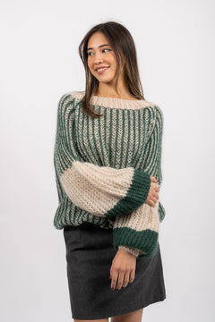 Liana Knit Sweater - Beige/Bottle Green