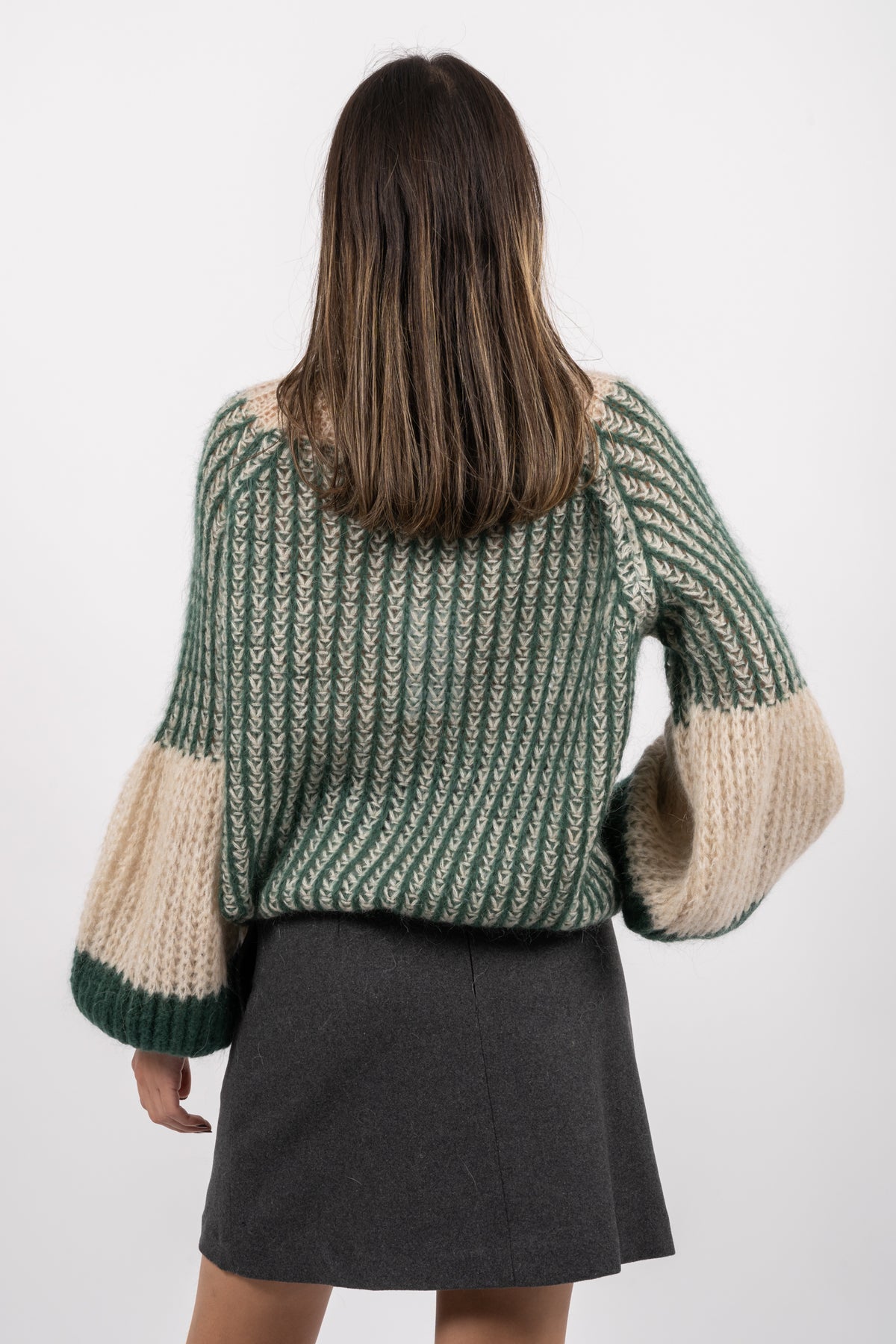 Liana Stickad Tröja - Beige/Bottle Green