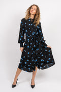 Walda Ls Aop Midi Dress - Black W/Blue Flower