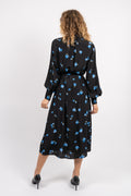 Walda Ls Aop Midi Dress - Black W/Blue Flower
