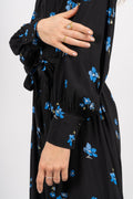 Walda Ls Aop Midi Dress - Black W/Blue Flower