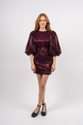 Sequins Puff Sleeve Mini Dress - Plum