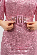 Sequins Puff Sleeve Mini Dress - Pink