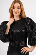 Sequins Puff Sleeve Mini Dress - Black